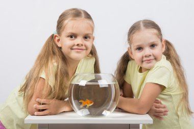 İki kız ile goldfish yuvarlak bir akvaryumda oturmak ve çerçeve içinde bak
