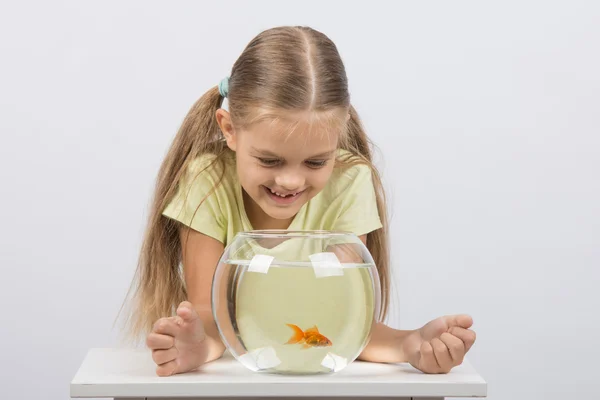 Happy six year old girl looking down on the aquarium with goldfish — Stock Photo, Image