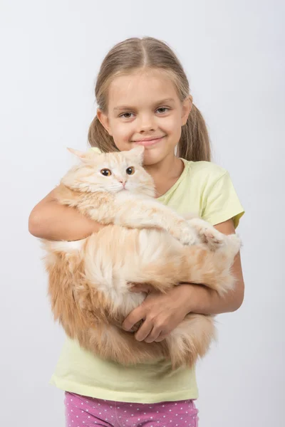 Šest let stará dívka hospodářství pro dospělé domácí kočka — Stock fotografie