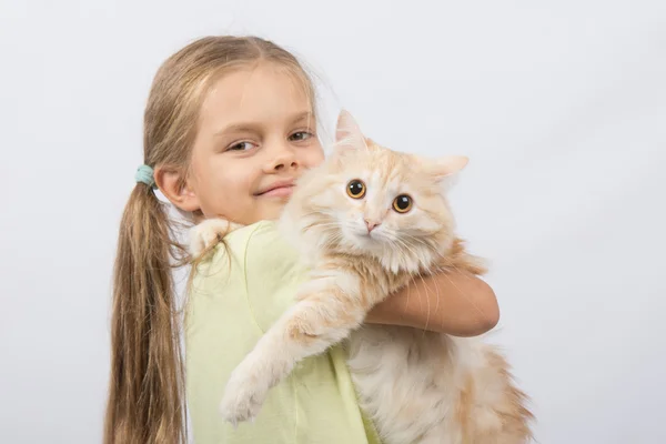 Šest let stará dívka s kočkou v náručí — Stock fotografie