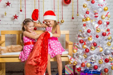 İki kız çanta hediye ile çözmeyi çalışırken eğlenmek