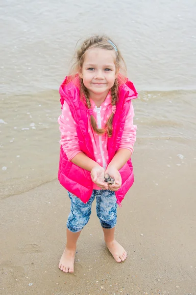 3 살짜리 소녀 손에 조개는 해변에 서 서 — 스톡 사진
