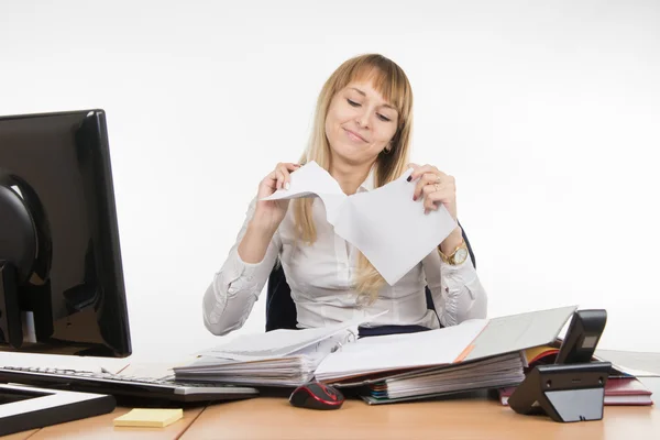 Business girl having fun tearing the paper document — Stock Photo, Image