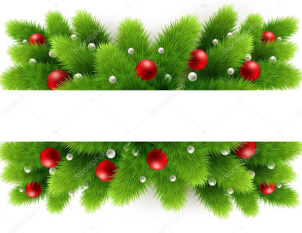 Vector christmas tree branches and space for text. Realistic fir-tree border, frame isolated on white. Great for christmas cards, banners, flyers, party posters