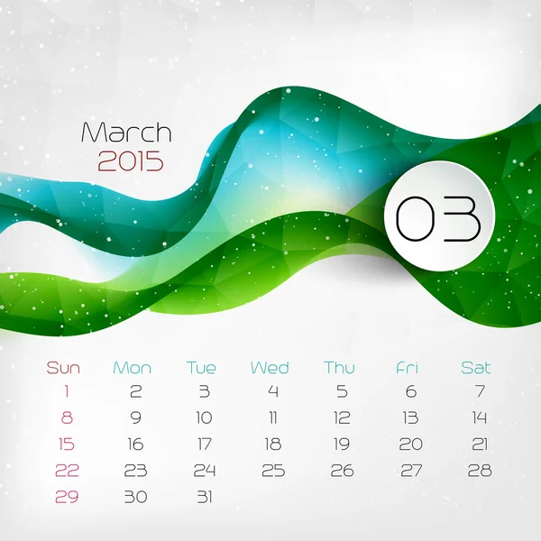 Calendario 2015. Marzo. Ilustración vectorial — Vector de stock