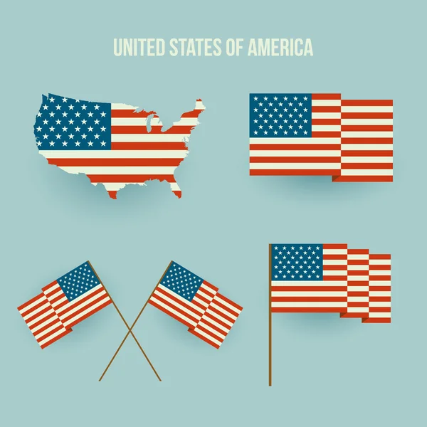 Sæt med amerikansk flag og kort. Flad design – Stock-vektor