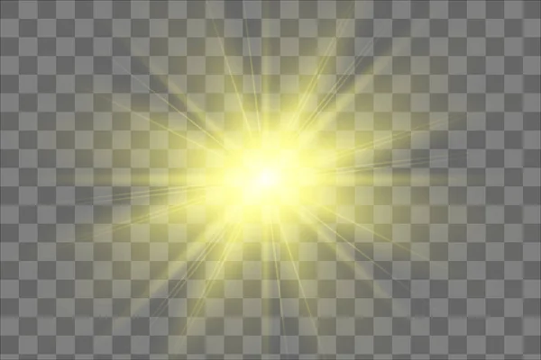 Geel Gloeiend Licht Explodeert Een Transparante Achtergrond Gloeiende Magische Stofdeeltjes — Stockvector