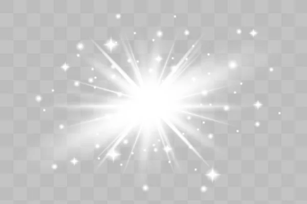 Beyaz parlayan ışık şeffaf bir arkaplanda patlar. Parlak sihirli toz parçacıkları. Parlak Yıldız. Şeffaf, parlak güneş. Vektör ışıltısı. Parlak bir ışıltı için Telifsiz Stok Vektörler