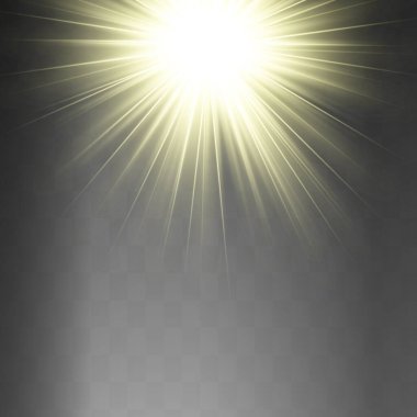Sarı parlak ışık şeffaf bir arkaplanda patlar. Parlak sihirli toz parçacıkları. Parlak Yıldız. Şeffaf, parlak güneş. Vektör ışıltısı. Parlak bir ışıltı için