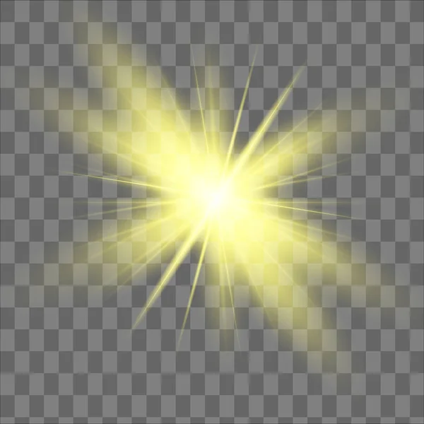 Το κίτρινο λαμπερό φως εκρήγνυται σε διαφανές φόντο. Λαμπερά μαγικά σωματίδια σκόνης. Λαμπρό αστέρι. Διαφανής λαμπερός ήλιος, φωτεινή λάμψη. Ο διάνυσμα λάμπει. Για να κεντράρετε μια φωτεινή λάμψη — Διανυσματικό Αρχείο