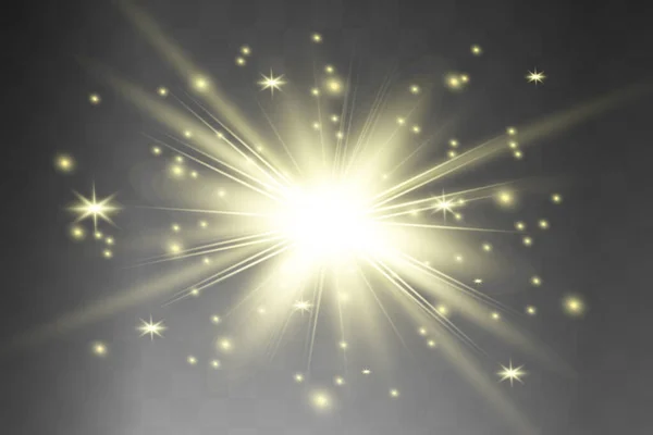 Gelbes Glühendes Licht Explodiert Auf Einem Transparenten Hintergrund Funkelnde Magische — Stockvektor