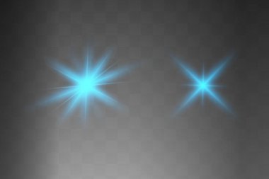 Mavi parlayan ışık şeffaf bir arkaplanda patlar. Parlak sihirli toz parçacıkları. Parlak Yıldız. Şeffaf, parlak güneş. Vektör ışıltısı. Parlak bir ışıltı için