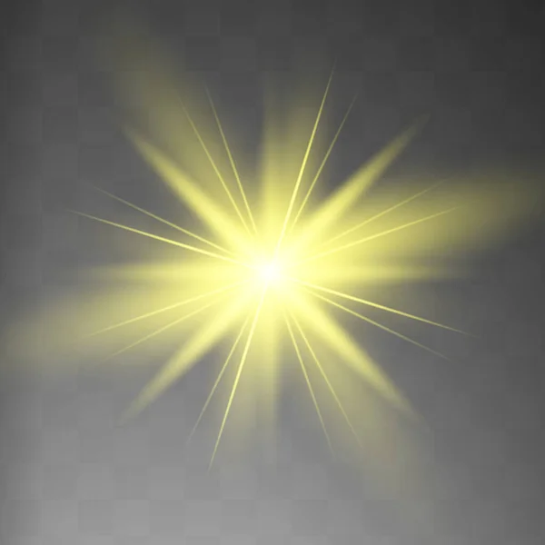 Cahaya Bersinar Kuning Meledak Pada Latar Belakang Transparan Berkilau Partikel - Stok Vektor