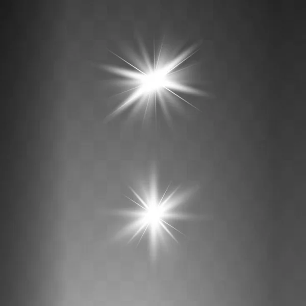 Λευκό λαμπερό φως εκρήγνυται σε ένα διαφανές φόντο. Λαμπερά μαγικά σωματίδια σκόνης. Λαμπρό αστέρι. Διαφανής λαμπερός ήλιος, φωτεινή λάμψη. Ο διάνυσμα λάμπει. Για να κεντράρετε μια φωτεινή λάμψη — Διανυσματικό Αρχείο