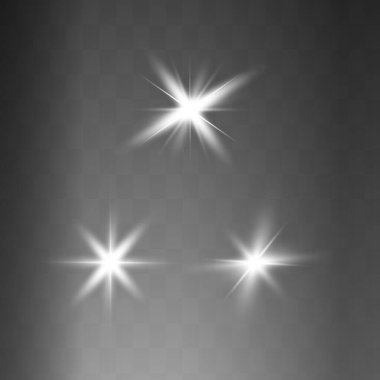 Beyaz parlayan ışık şeffaf bir arkaplanda patlar. Parlak sihirli toz parçacıkları. Parlak Yıldız. Şeffaf, parlak güneş. Vektör ışıltısı. Parlak bir ışıltı için