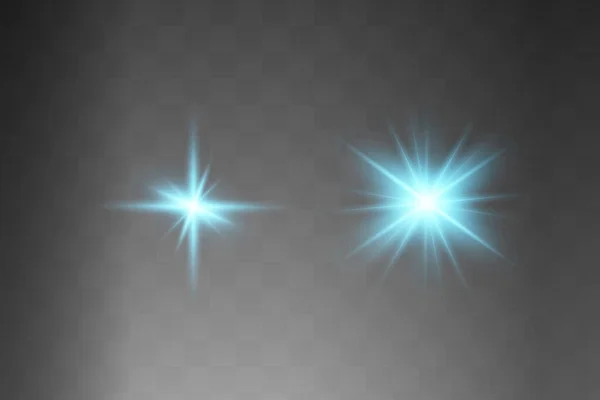 Blue glowing light explodes on a transparent background. Sparkling magical dust particles. Bright Star. Transparent shining sun, bright flash. Vector sparkles. To center a bright flash — Stock Vector