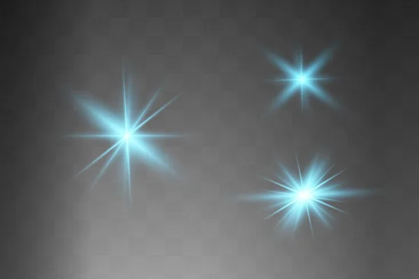 A kék izzó fény átlátszó háttérrel robban fel. Ragyogó mágikus porszemcsék. Fényes Csillag. Átlátszó, ragyogó nap, ragyogó villanás. Ragyogó vektor. A középpontban egy fényes villanás — Stock Vector