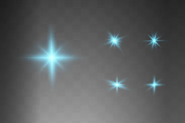 Blauw gloeiend licht explodeert op een transparante achtergrond. Gloeiende magische stofdeeltjes. Heldere ster. Transparante schijnende zon, heldere flits. Vector schittert. Om een heldere flits te centreren — Stockvector