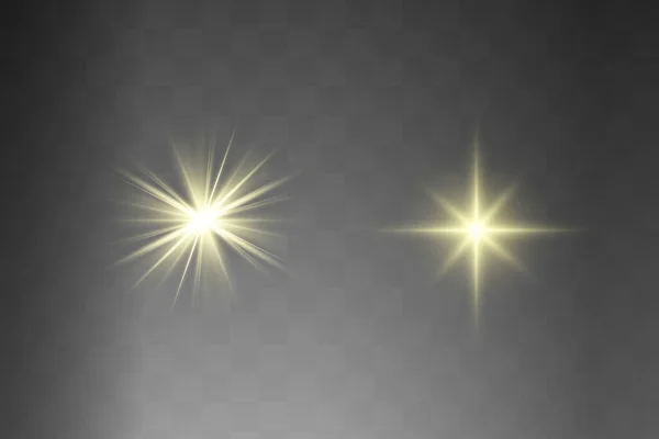 黄色の輝く光は透明な背景で爆発します。スパークリング魔法の塵粒子。明るい星。透明な輝く太陽、明るいフラッシュ。ベクトルが輝きます。明るいフラッシュを中心に — ストックベクタ