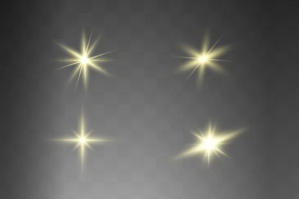 Yellow glowing light explodes on a transparent background. Sparkling magical dust particles. Bright Star. Transparent shining sun, bright flash. Vector sparkles. To center a bright flash — Stock Vector