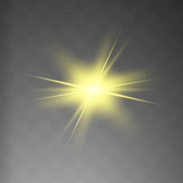 Cahaya bersinar kuning meledak pada latar belakang transparan. Berkilau partikel debu ajaib. Bright Star. Matahari bersinar transparan, kilat terang. Vektor berkilau. Untuk pusat flash cerah - Stok Vektor