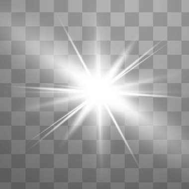 Mavi parlayan ışık şeffaf bir arkaplanda patlar. Parlak sihirli toz parçacıkları. Parlak Yıldız. Şeffaf, parlak güneş. Vektör ışıltısı. Parlak bir ışıltı için