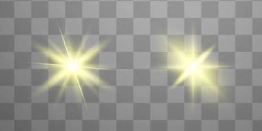 Mavi parlayan ışık şeffaf bir arkaplanda patlar. Parlak sihirli toz parçacıkları. Parlak Yıldız. Şeffaf, parlak güneş. Vektör ışıltısı. Parlak bir ışıltı için
