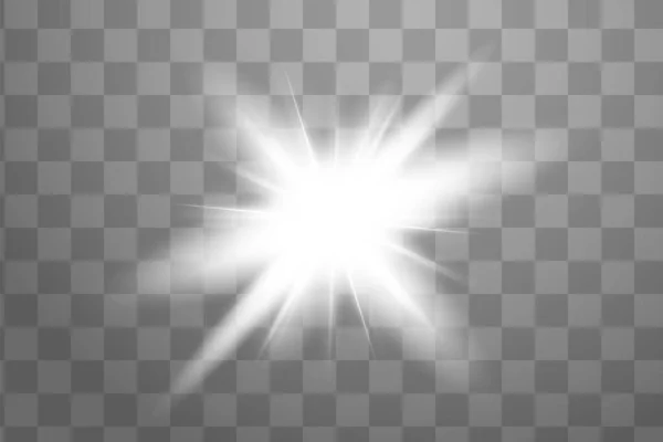 White glowing light explodes on a transparent background. Sparkling magical dust particles. Bright Star. Transparent shining sun, bright flash. Vector sparkles. To center a bright flash — Stock Vector