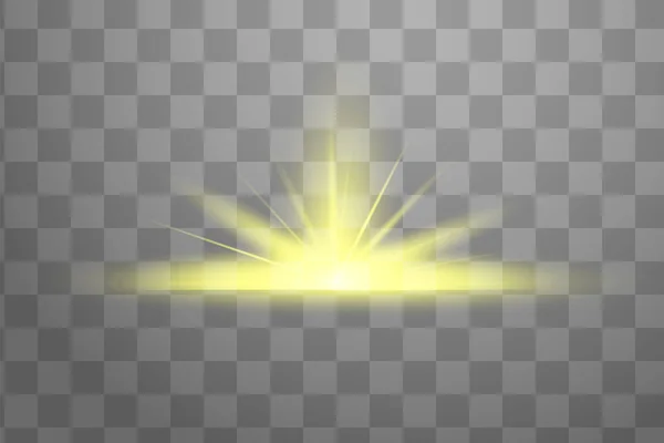 노란색의 빛나는 빛은 투명 한 배경 위에서 폭발합니다. 마법 먼지 입자가 튀고 있어. 브라이트 스타. 투명 한 햇살, 밝은 섬광. 벡터가 반짝 거려요. 밝은 섬광을 중심으로 — 스톡 벡터