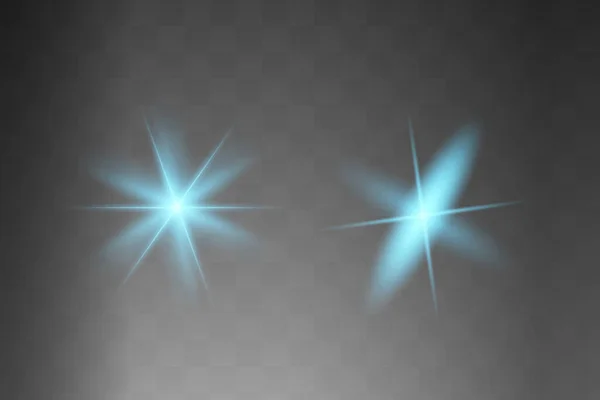 La luz brillante azul explota sobre un fondo transparente. Partículas de polvo mágicas chispeantes. Estrella Brillante. Sol brillante transparente, destello brillante. El vector brilla. Centrar un destello brillante — Vector de stock