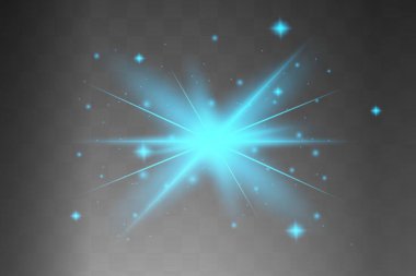 Mavi parlayan ışık şeffaf bir arkaplanda patlar. Parlak sihirli toz parçacıkları. Parlak Yıldız. Şeffaf, parlak güneş. Vektör ışıltısı. Parlak bir ışıltı için