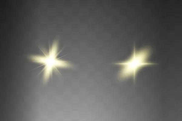 Το κίτρινο λαμπερό φως εκρήγνυται σε διαφανές φόντο. Λαμπερά μαγικά σωματίδια σκόνης. Λαμπρό αστέρι. Διαφανής λαμπερός ήλιος, φωτεινή λάμψη. Ο διάνυσμα λάμπει. Για να κεντράρετε μια φωτεινή λάμψη — Διανυσματικό Αρχείο