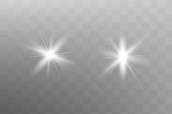 Белый светящийся свет взрывается на прозрачном фоне. Искрящиеся волшебные частицы пыли. Яркая звезда. Яркое яркое солнце, яркая вспышка. Векторные блески. В центре яркой вспышки — стоковый вектор