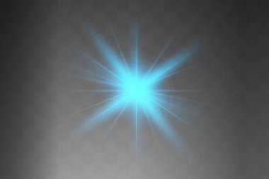 Mavi parlayan ışık şeffaf bir arkaplanda patlar. Parlak sihirli toz parçacıkları. Parlak Yıldız. Şeffaf, parlak güneş. Vektör ışıltısı. Parlak bir ışıltı için