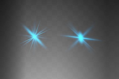 Mavi parlayan ışık şeffaf bir arkaplanda patlar. Parlak sihirli toz parçacıkları. Parlak Yıldız. Şeffaf, parlak güneş. Vektör ışıltısı. Parlak bir ışıltı için