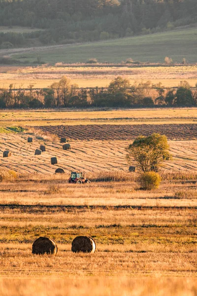 Lonely tractor harvest hay field crop stubble golden yellow orange autumn mountain background massive bulgaria technology machine agriculture copy space for text