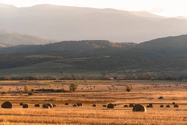ロンリートラクター収穫干し草フィールド作物頑丈な黄金色のオレンジ秋の山の背景大規模なブルガリアの技術機械農業テキストのためのコピースペース — ストック写真