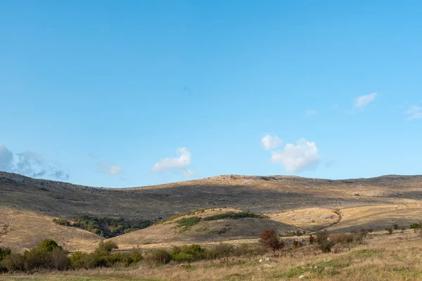 大規模な農地の丘緑の空曇り秋の農業農地の風景きれいなシャープな農村シーン典型的なブルガリアのコピースペーステキスト用 — ストック写真