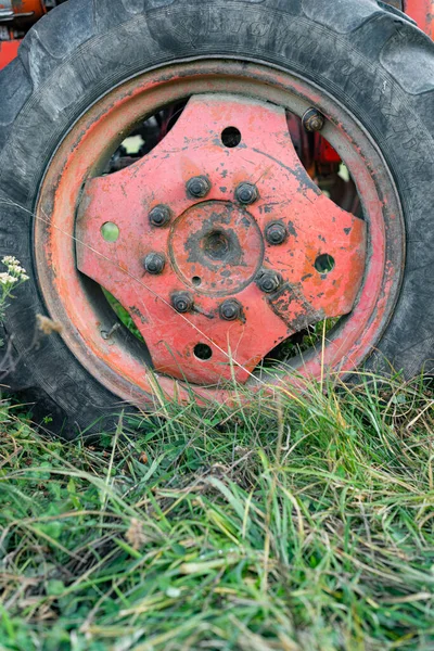 Großaufnahme Eines Großen Roten Russischen Traktorrades Auf Herbstlichem Gras Während — Stockfoto