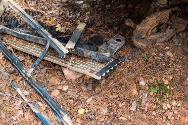 Sonbaharda terk edilmiş eski bir arabanın ayrıntıları, Bulgaristan ve Doğu Avrupa 'nın kırsal kesimindeki doğal orman zemininde keskin bir dikkatle dökülen yapraklar