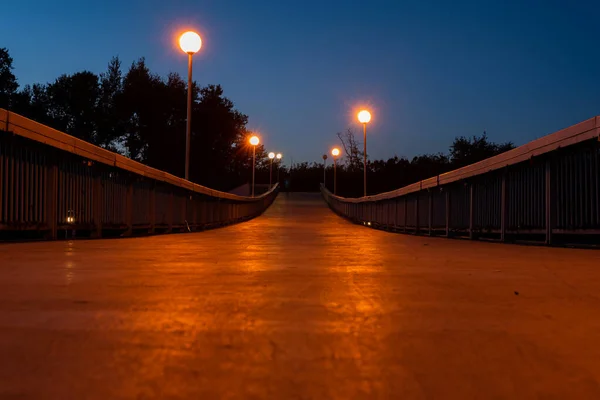 Pont Piétonnier Sombre Éclairé Par Des Lampadaires Dessus Canal Aviron — Photo