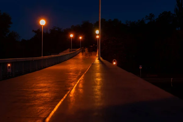 Pont Piétonnier Sombre Éclairé Par Des Lampadaires Dessus Canal Aviron — Photo