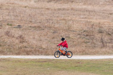 Genç bir çocuk çimen vadisinde bisiklet sürüyor sonbaharda kuru altın çim kamışları ve metin tatil konsepti için kopyalama alanı olan toprak yol minimalisti.