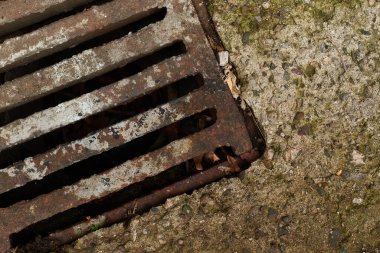 Sağdaki metin için kopyalama alanı olan, yosun beton kaplamalı, paslanmış giderin üst görünümü, kenar mahalle yoksulluğu kavramı.