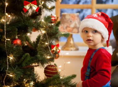 Noel ağacı arka plan üzerinde küçük çocuk