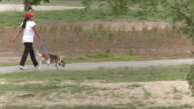 Köpeğini gezdiren kadın.