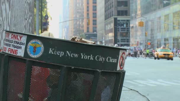 Trash can on city corner — Stock Video