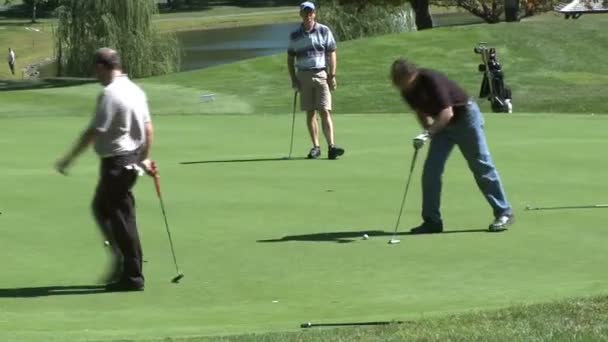 Игроки в гольф на поле для гольфа — стоковое видео