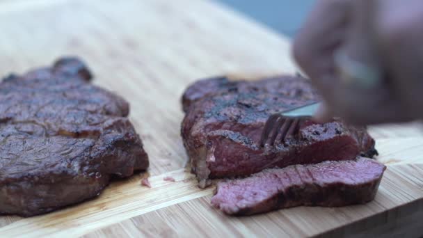 Person slices fresh steak — Stock Video