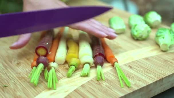 Mujer picando verduras — Vídeo de stock